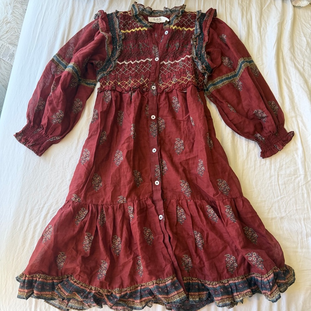 Sea New York Burgundy Floral Smocked Button-Front Midi Dress